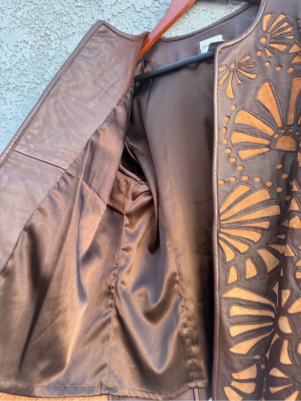 Vintage Chico's Genuine Leather Laser Cutout Jacket Brown - Size 2 (L) - Picture 9 of 11